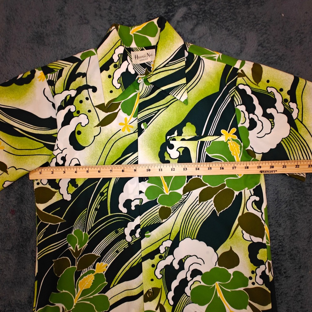 Vintage 1960s Hawaii Nei Honolulu Green Floral Aloha Shirt Big Collar Mens S/M - Picture 6 of 13